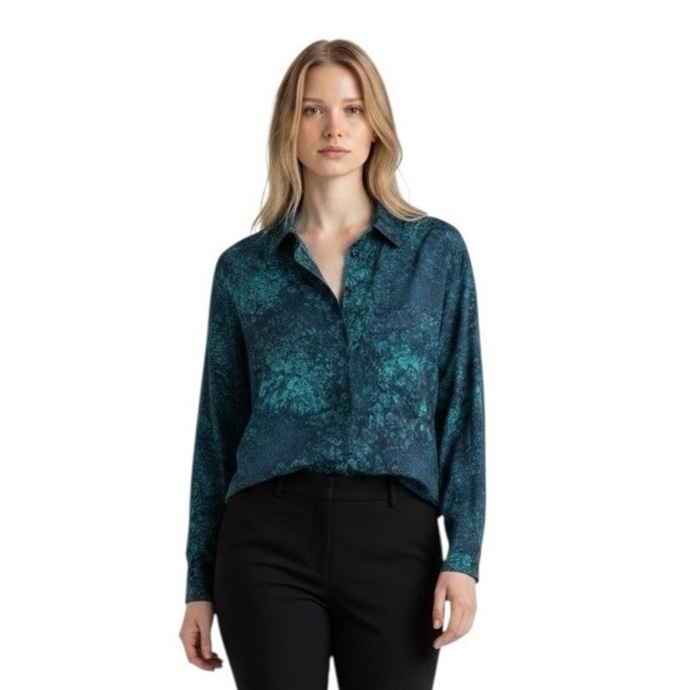 Vtg Robert Stock Blouse 100% Silk Size S Oversized Abstract Print Career Luxe